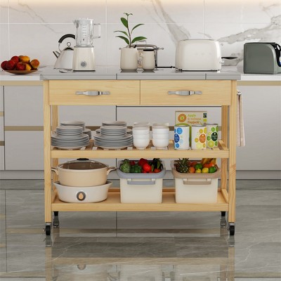Rolling Utility Trolley Cart, Stainless Steel Countertop with Storage Drawers and Shelves, Rotatable Kitchen Island