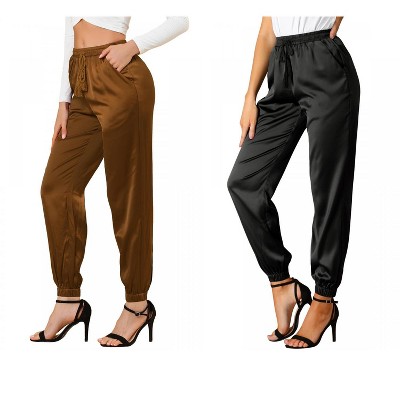 Allegra K Women's Drawstring Elastic Waist Ankle Length Satin Joggers with Pocket 2 Pcs
