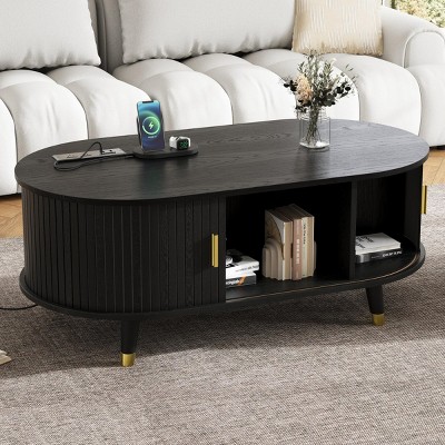42.5" Mid Century Modern Oval Coffee Table with Charging Station,Fluted Sliding Tambour Door for Living Room-Baofuwish