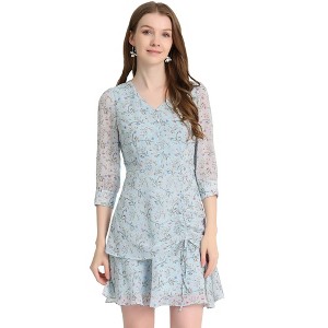 Allegra K Women's Regular Fit Floral 3/4 Sleeve Ruffle Hem Buttons Decor Drawstring Ruched Chiffon Dress - 1 of 4