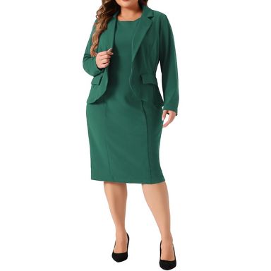 plus size green blazer dress Women's 2 Piece Back Split Single Button Blazers with Pocket Business Suit Sets Fabrication_Wool