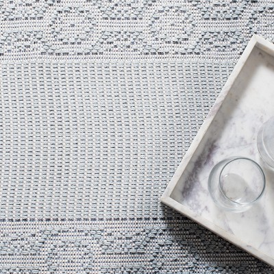 Aqua and Cream Floral Bordered Indoor/Outdoor Runner Rug