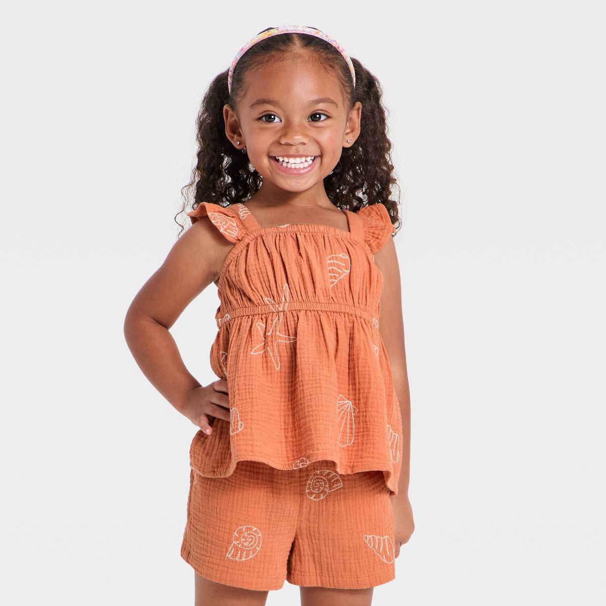 Toddler Girls' 2pc Terracotta Woven Tank Top and Shorts Set - Cat & Jack™ Orange - thumbnail 3