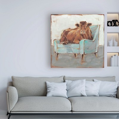 14'' x 14'' Brown Cow on Teal Chair Canvas Print