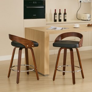 CAVINAS Mid-Century Swivel Bar Stools Set of 2,Low-Back Counter Stools with Padded PU Leather Seat,Wooden Barstools for Dining Room,25" Seat Height - 1 of 4
