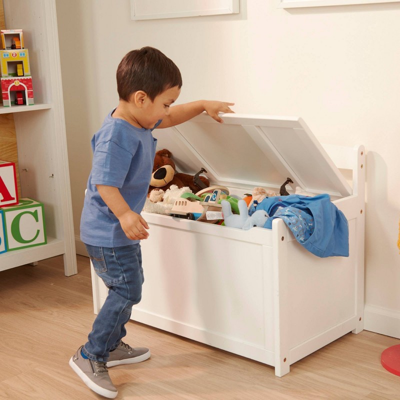 wooden toy chest open lid showing interior storage capacity for children's toys