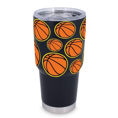 100 North 30 Ounce Stainless Steel On the Go Travel Tumbler With Push Top Lid, Basketball Black