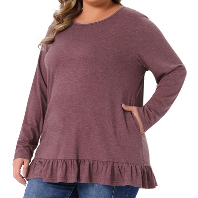 Agnes Orinda Women's Plus Size Ruffled Hem Crew Neck Long Sleeve Flowy Casual Tunic Tops with Pockets