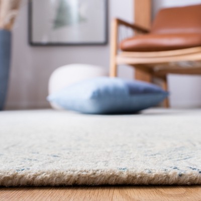 Ivory and Light Blue Round Abstract Handmade Wool Rug