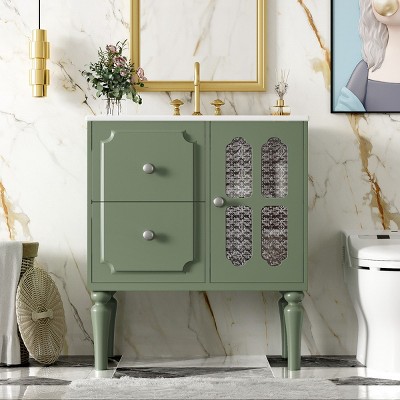 Retro Style 30'' Bathroom Vanity with Ceramic Sink Combo,Solid Wood Frame Bathroom Storage Cabinet with 2 Drawers – The Pop Home