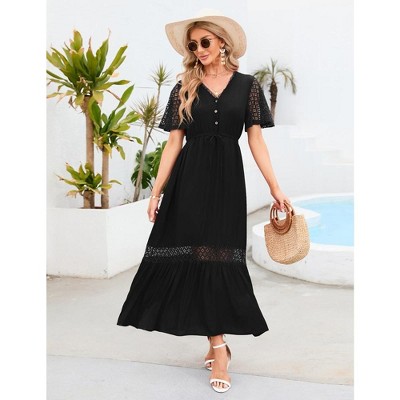 Women's Casual Flowy Lace Short Sleeve Maxi Dress V Neck High Elastic Waist Dress