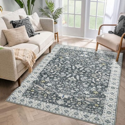Machine Washable Area Rugs, Vintage Printed Accent Carpet with Non-Slip Backing, Stain-Resistant Oriental Floor Carpet, Foldable Low Pile Carpet Mat