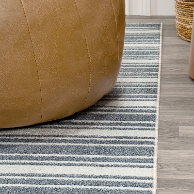 Cream and Dark Gray Striped Washable Synthetic Area Rug