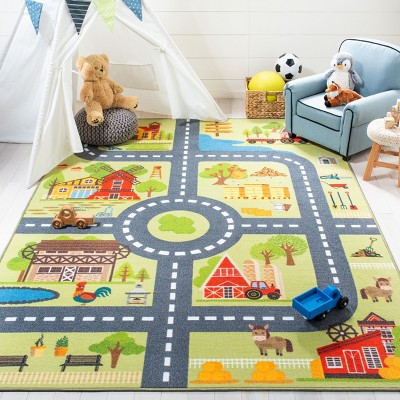 Kids Playhouse Light Green and Dark Gray Square Area Rug