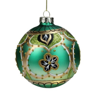 Northlight 4" Green Gold and Black Floral Bead and Jewel Glass Ball Christmas Ornament