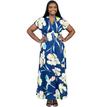 24seven Comfort Apparel Plus Size Navy Floral Print V Neck Empire Waist Cap Sleeve Maxi Dress
