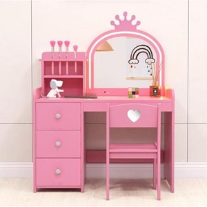 TROPOW Kids Vanity Desk with Mirror and Lights, Princess Wooden Makeup Vanity with Chair, Storage Shelves and Drawers, 2-in-1 Girls Dressing Table - 1 of 1