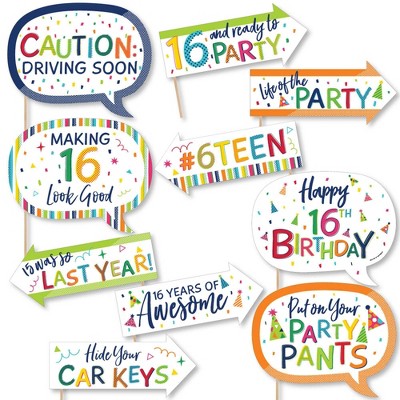 Big Dot of Happiness Funny 16th Birthday - Cheerful Happy Birthday - Colorful Sweet Sixteen Birthday Party Photo Booth Props Kit - 10 Piece