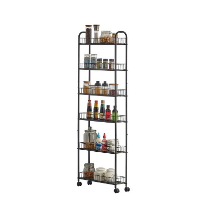 MaseiKar 6 Tier Storage Cart,Metal Kitchen Rolling Cart with Lockable Wheels & Baskets, Slim Storage Shelf for Kitchen,Bathroom,Laundry,Small Space