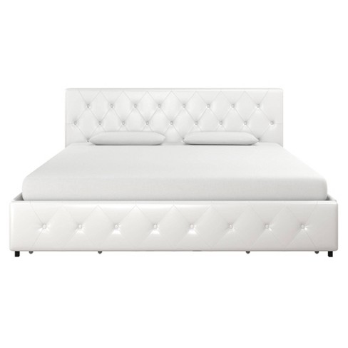 King Dalia Faux Leather Upholstered Bed, White Leather Headboard Queen With Storage