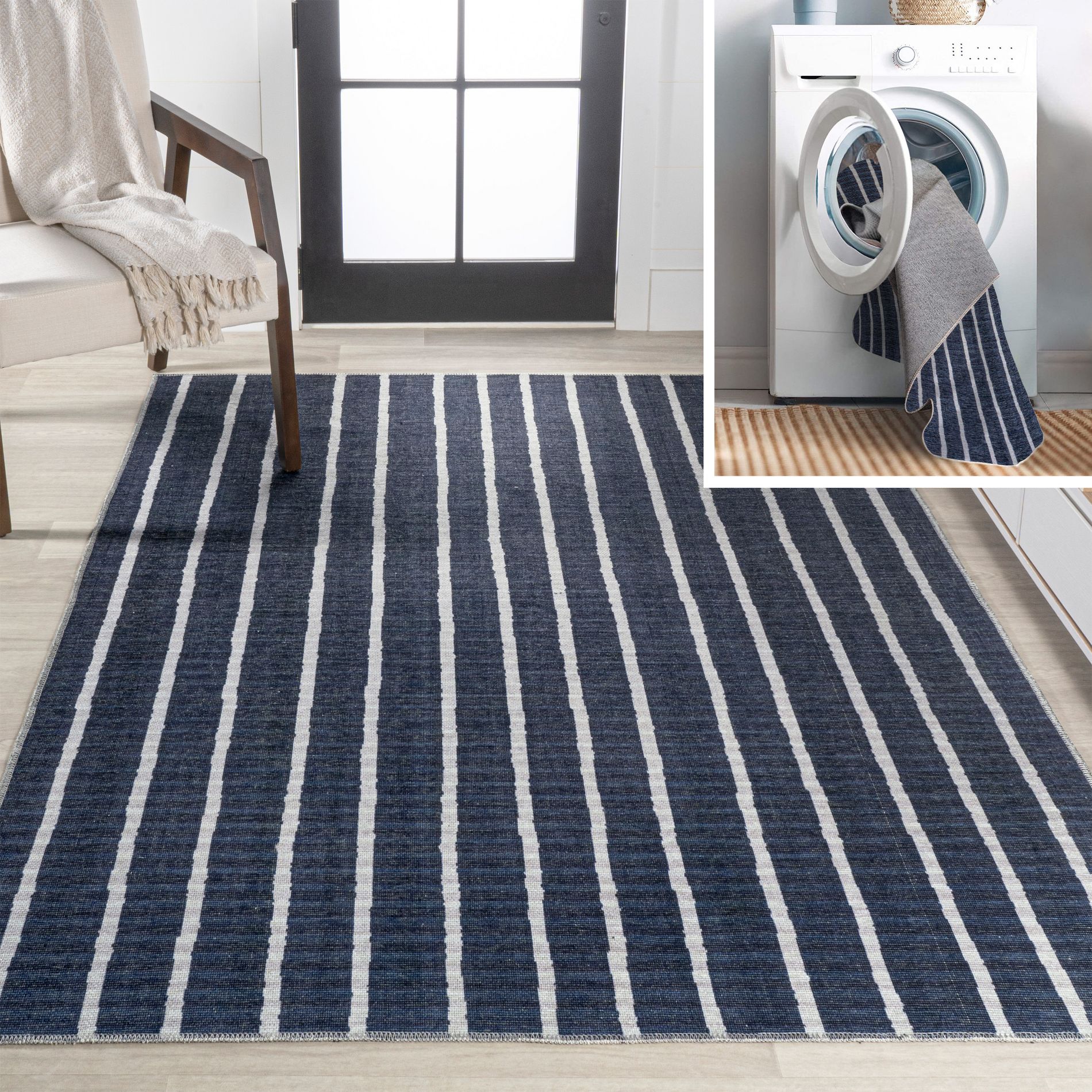 4' x 6' Rand Distressed Ticking Stripe Machine-Washable Area Rug, Navy/Ivory - JONATHAN Y