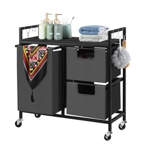 Oumilen Black 3-Bin Rolling Laundry Sorter with Wood Shelf - 1 of 1