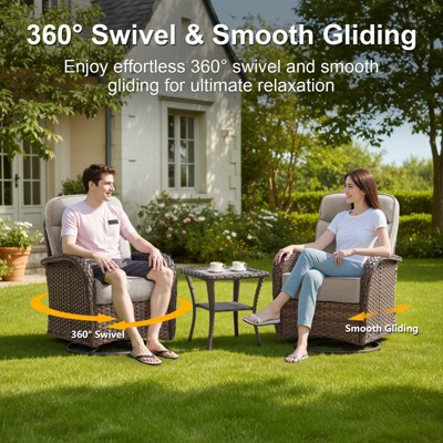 Two-person seating area with round firepit table between them and a couple sitting