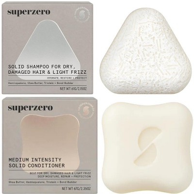 Superzero Hydrating Repair Solid Shampoo Bar (2.15 oz) + Medium Intensity Conditioner Bar for Dry, Damaged Hair (2.35 oz) Duo Set