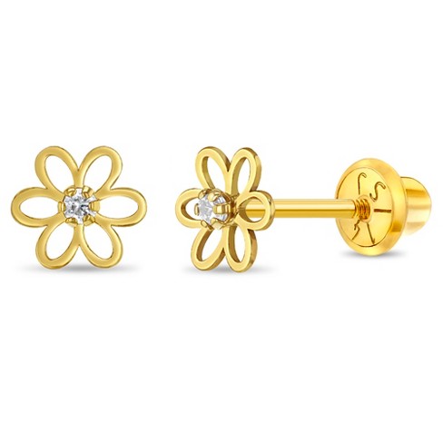 Girl's Jeweled Open Flower Screw Back 14k Gold Earrings - In Season Jewelry - image 1 of 4