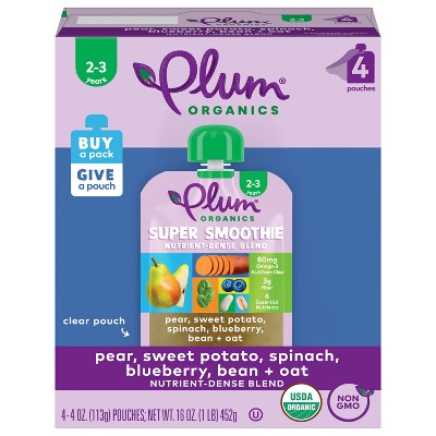 Plum Organics 4pk Super Smoothie Pear Sweet Potato Spinach Blueberry Bean &  Oat - 16oz : Target
