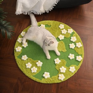 Fairyland™ - Floral Cat Garden Sisal Rug – Round Green Non-Slip Pet & Home Mat with 3D Flowers, Soft Teddy Velvet Accents - 1 of 4
