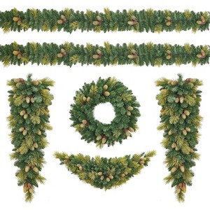 6 Pieces Christmas Decorations with LED Light, Holiday Decoration, Including 2 Garland, 1 Wreaths, 2 Swags, Christmas Decor Set for Front Doors - 1 of 4