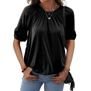 Imily Bela Women's Cotton Solid Crew Neck Half Sleeve Loose Pleated Casual Basic Blouse - 1 of 4