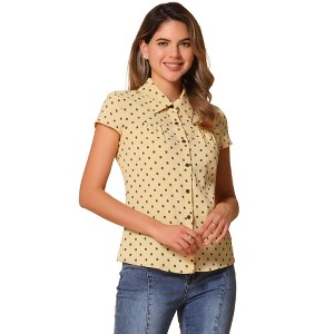 INSPIRE CHIC Women's Short Sleeve Vintage Polka Dots Button Up Blouse - 1 of 4