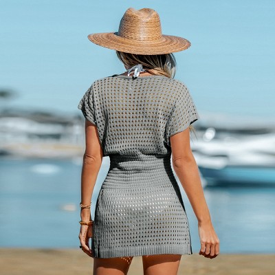 Women's Crochet Knit Cutout Vneck Coverup Mini Dress Cupshemgray
