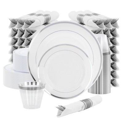 Elama 350 Piece Disposable Plastic Dinnerware Party Set for 50 Guests in White with Silver Trim