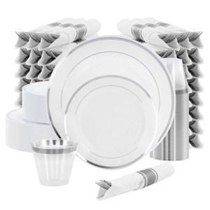 Elama 350 Piece Disposable Plastic Dinnerware Party Set for 50 Guests in White with Silver Trim - 1 of 4