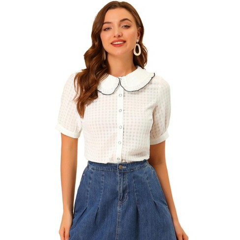 Allegra K Women's Vintage Polka Dots Peter Pan Collar Puff Short Sleeve  Shirt White X-Small