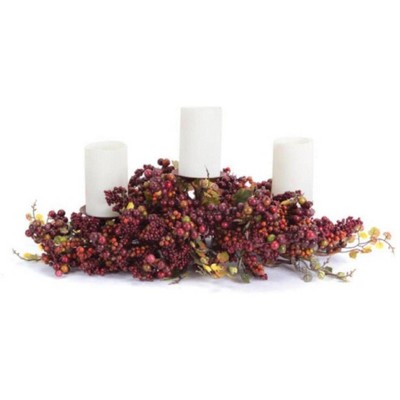 Melrose 21" Autumn Harvest Red and Orange Berries and Grape Leaf Fall Pillar Candle Holder Centerpiece