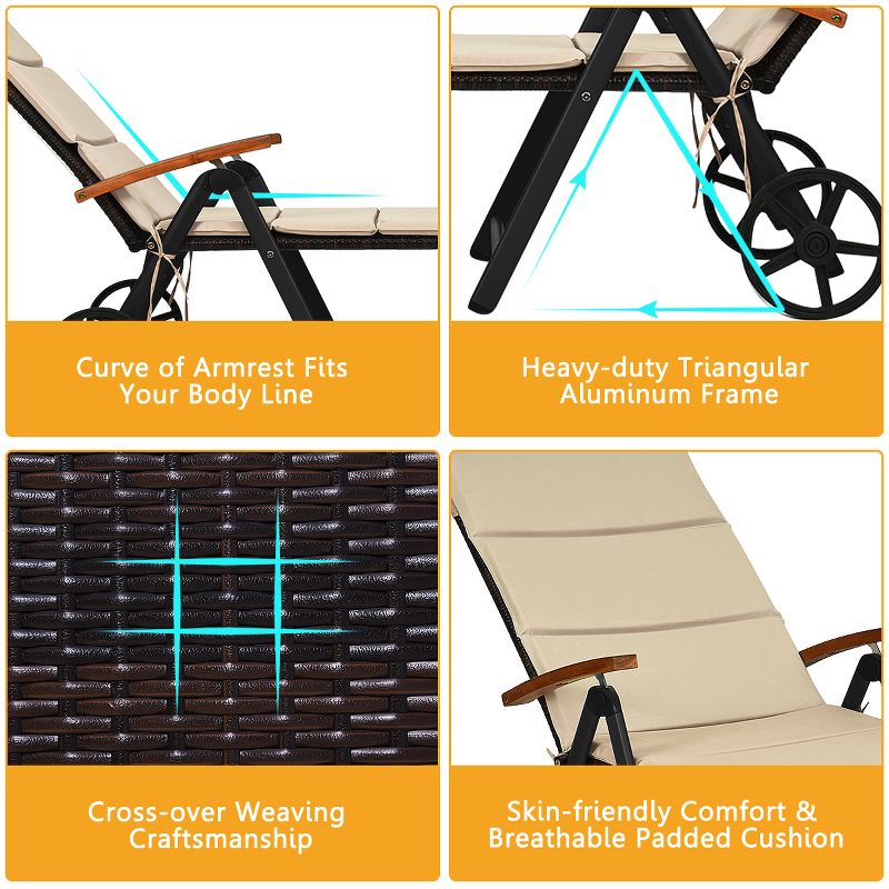 Tangkula Outdoor Rattan Wicker Lounge Chair Folding Patio Chaise w/ Wheels & Cushion, 5 of 10