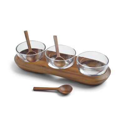 Acacia Wood and Glass Triple Condiment Server with Spoons