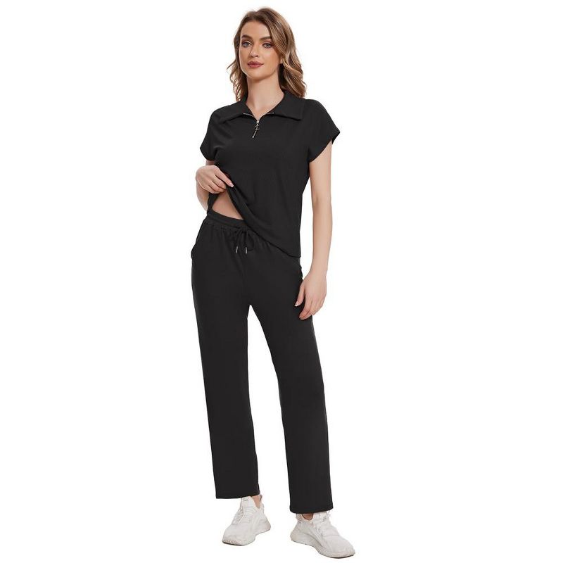 Summer 2 Piece Outfits for Women Casual Sweatsuits Short Sleeve V Neck Tops with Crop Long Pants, 4 of 8