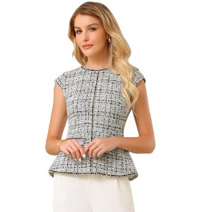 INSPIRE CHIC Women's Elegant Tweed Crew Neck Cap Sleeve Business Office Peplum Blouse - 1 of 4