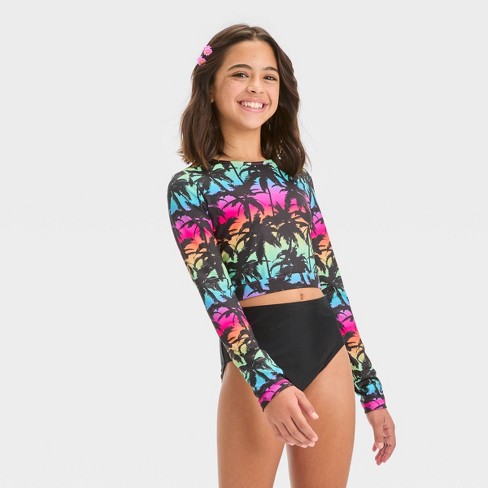 Girls' Tropical Ombre Design Rash Guard Swim Top - Art Class™ Black Xl :  Target