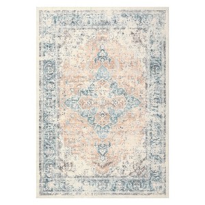 Washable Floral Medallion Living Room Rugs, Indoor Distressed Farmhouse Bedroom Carpet, Non Slip Stain Resistant Dining Room Rugs - 1 of 4