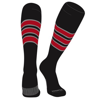 PEAR SOX Striped OTC Baseball, Softball, Football Socks (C) Black, Silver, Red
