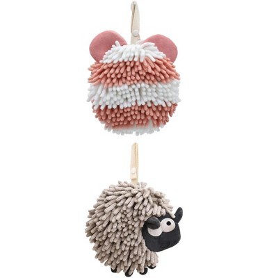 REGALWOVEN 2 Packs Chenille Fuzzy Ball Bathroom Sheep Shape Absorbent Fast Drying Hand Towels 7" x 7"
