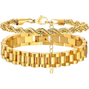 2pcs Gold Chain Link Bracelet, Stainless Steel Crystal Friendship Bracelets Bangle,Watch Band Chains Wristband - 1 of 4