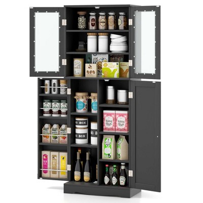 Black Tall Kitchen Pantry Storage Cabinet with Glass Doors