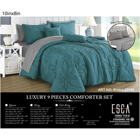 Esca Kintra Stylish & Fashionable 9 Piece Comforter Bed In A Bag Set: 1  Comforter, 2 Shams, 1 Cushion,1 Decorative Pillow and More! Queen - Blue